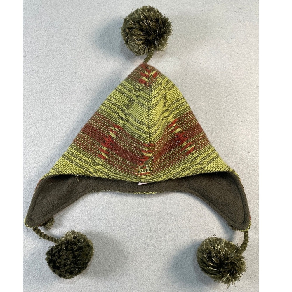 Kangol Beanie Hat Unisex OS Green Red Space Dye Fleece Lined Earflap Pom Pom